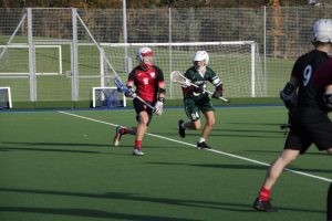 USW Men's Lacrosse 1st Harry Longin on the attack versus Swansea Men's 2nd - USW Sport Park 27th November 2019 - Photo credit Ben Thomas